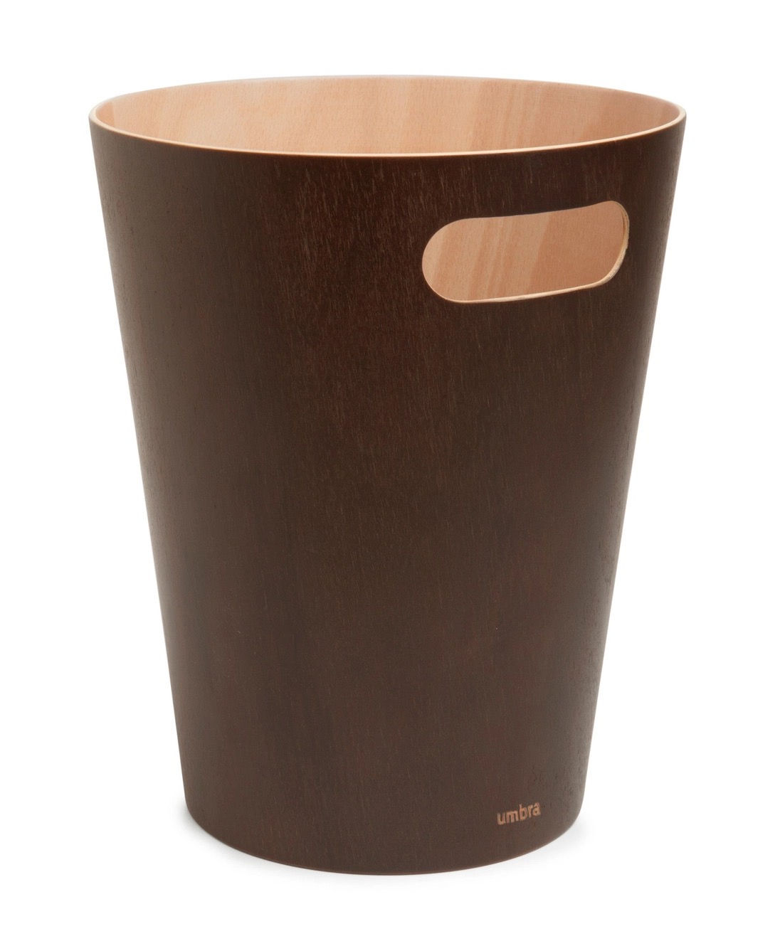 Dark brown wooden waste bin with handle