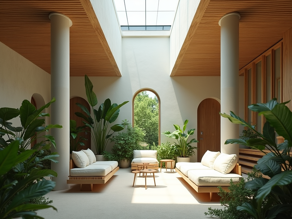Eye-level view of a living room with natural wood furniture and large indoor plants