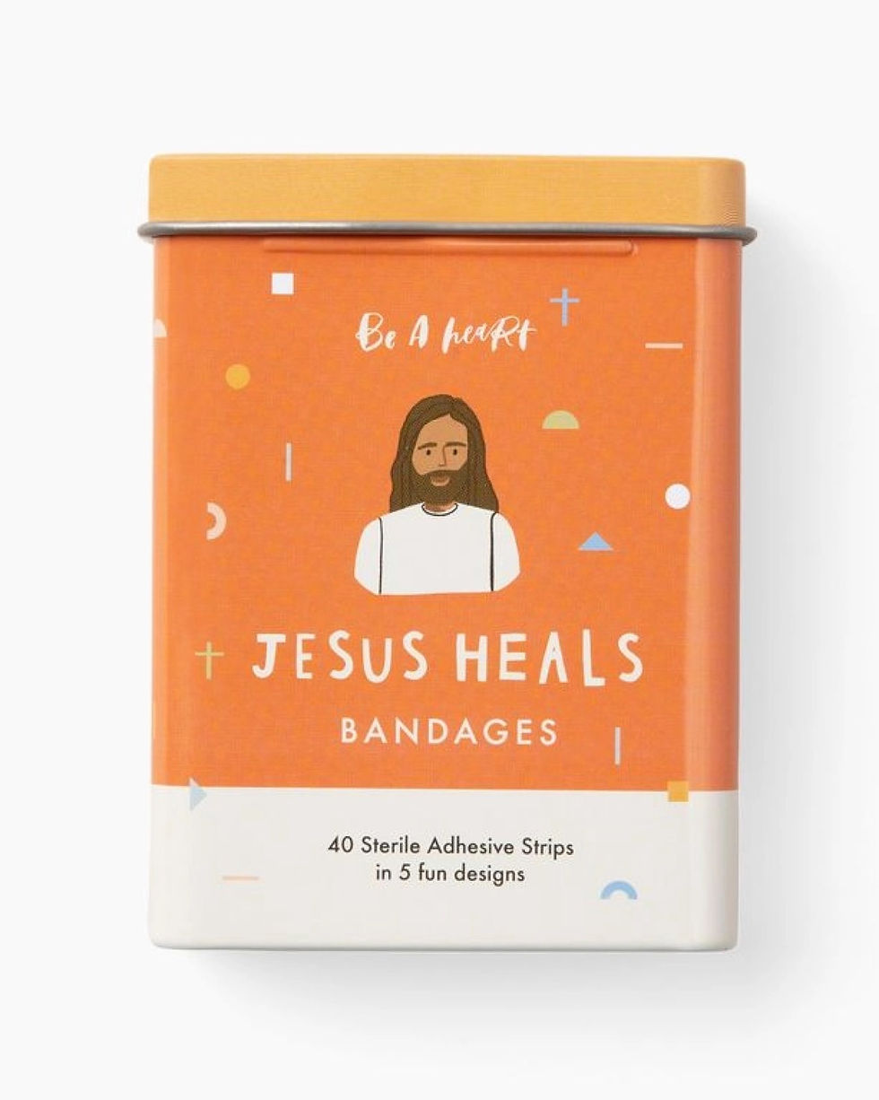 Jesus Heals bandages tin: 40 sterile adhesive strips in 5 fun designs