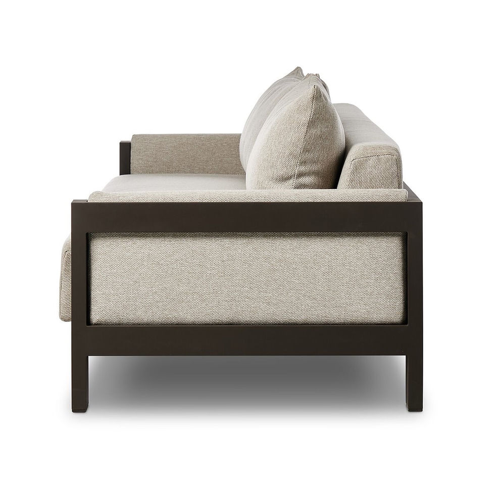 Thumbnail: Beige linen sofa with dark wood frame