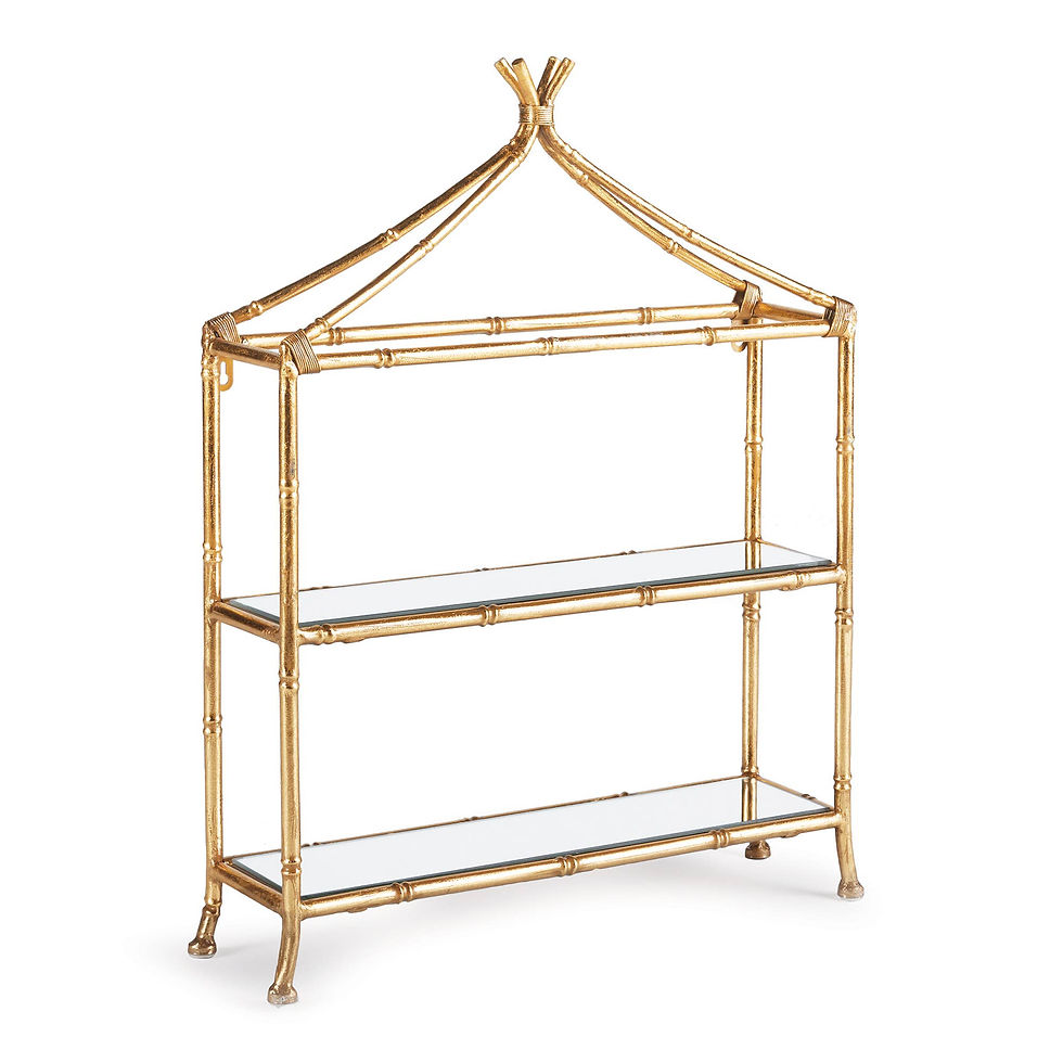 Gold bamboo-style shelving unit with three glass shelves