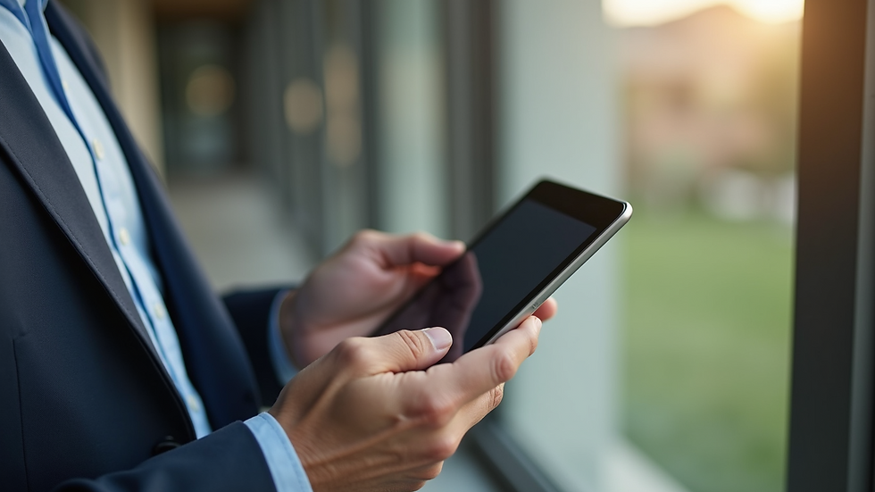 Close-up view of a landlord using a tablet to manage rental properties