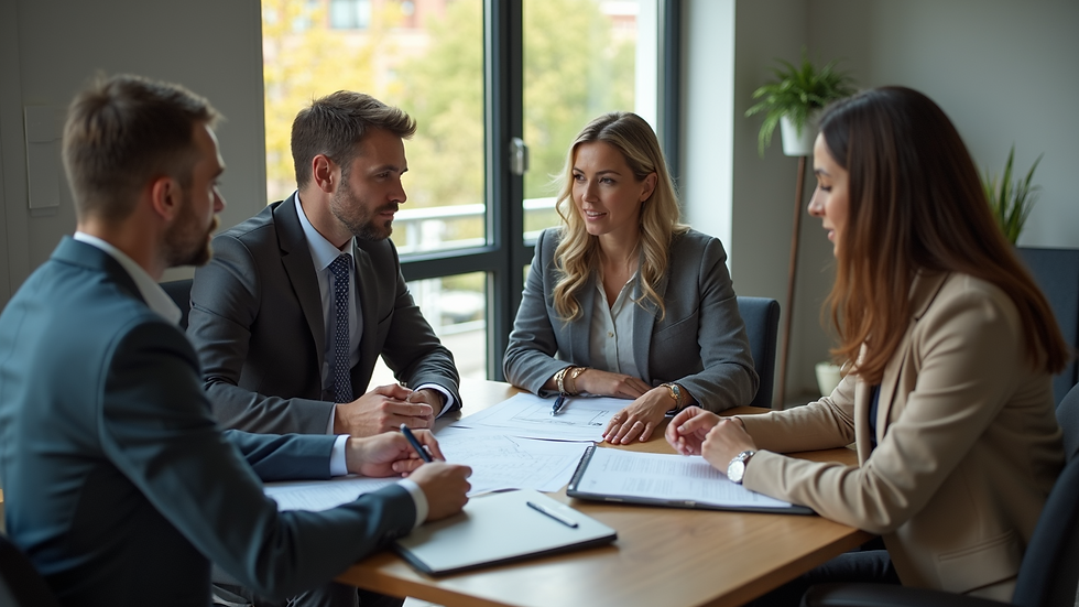 High angle view of a property management team discussing rental documents