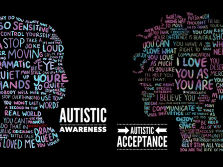 Two silhouette head profiles filled with phrases about masking and self-suppression, labeled Autistic Awareness and Autistic Acceptance