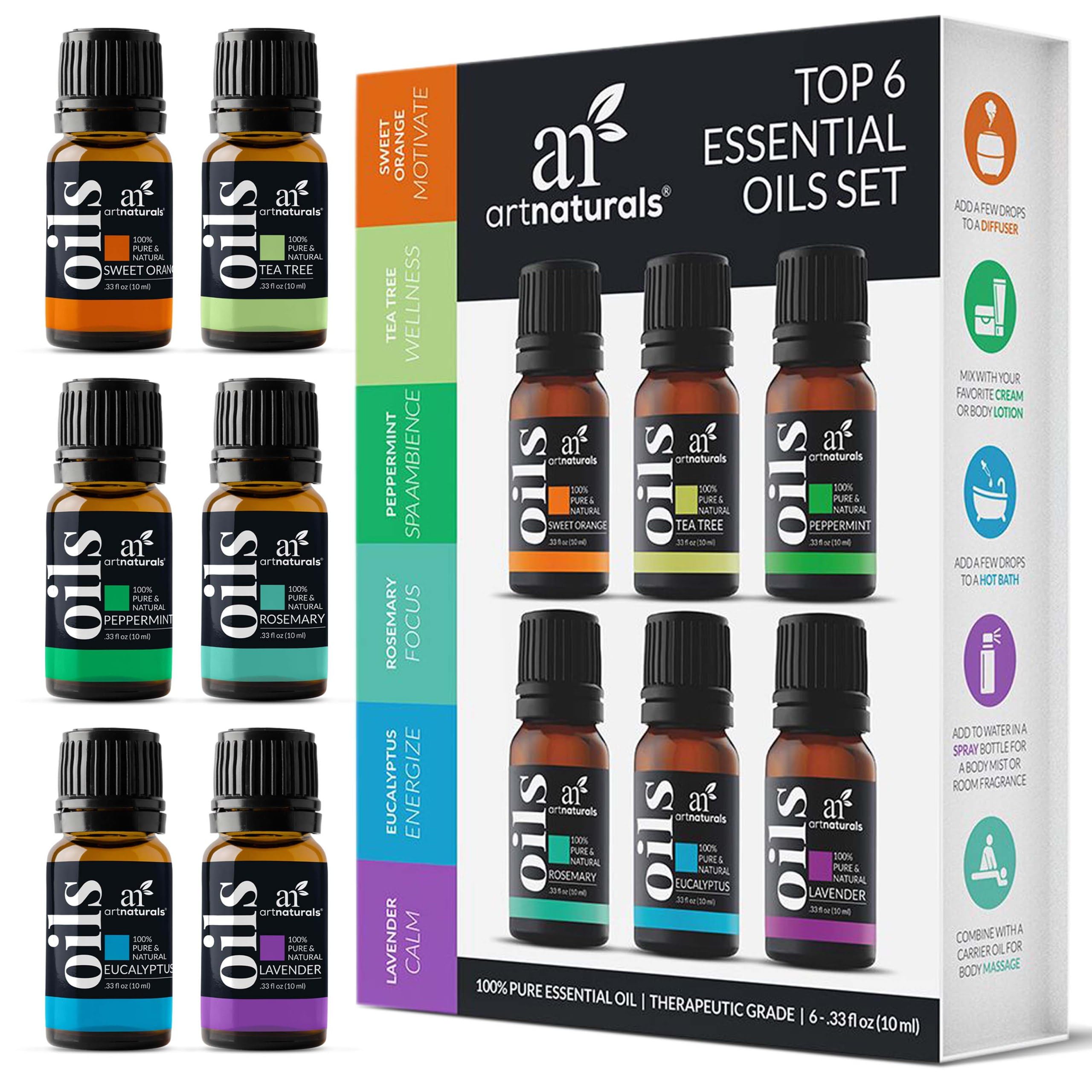 ArtNaturals Aromatherapy Top-6 Essential Oil Set - (6 x 10ml Bottles)