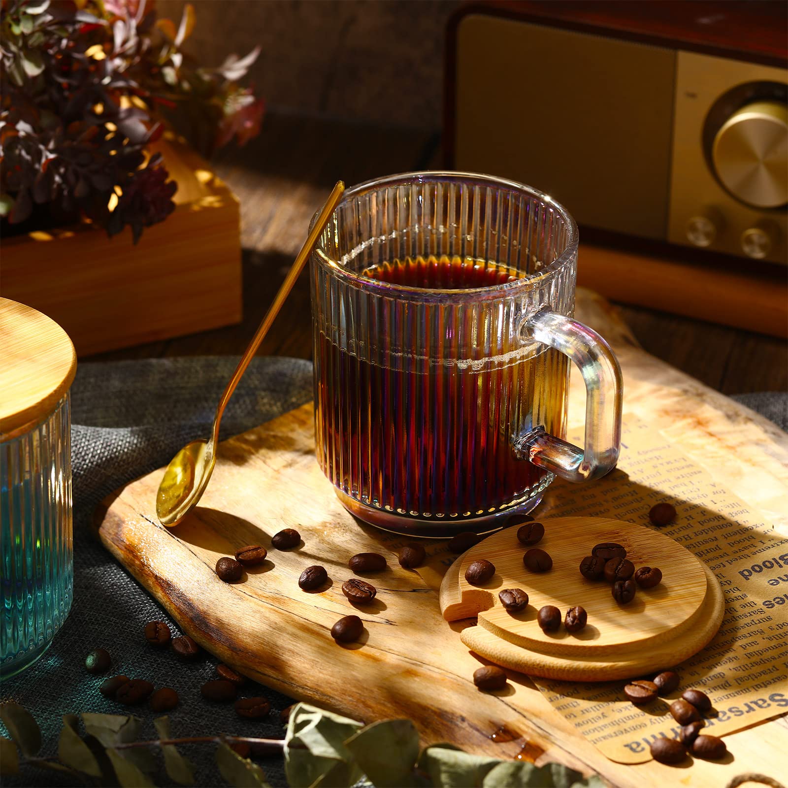 Iridescent Glass Coffee Mug with Lids and Spoon 12 oz