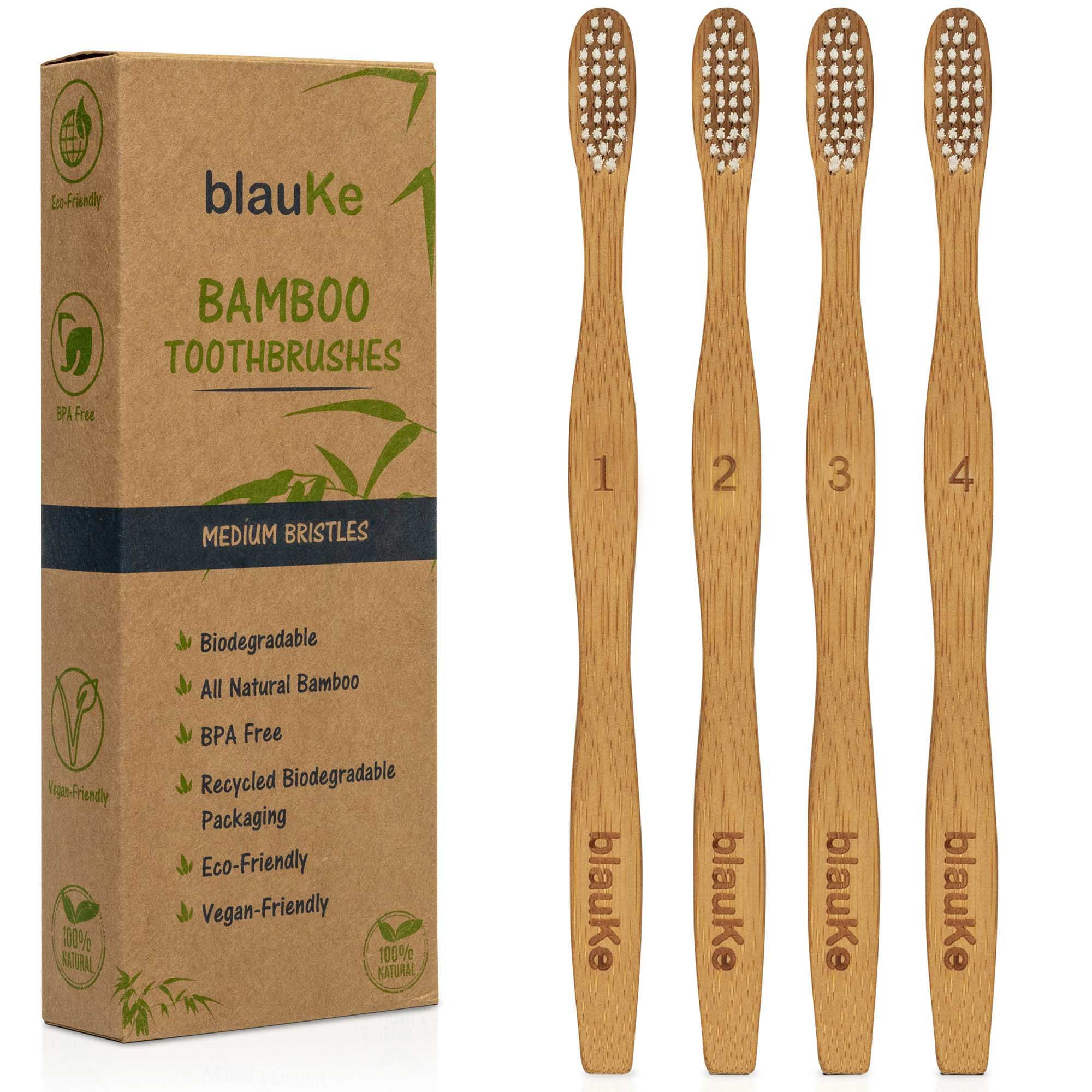 Bamboo Toothbrush Set 4-Pack - Bamboo Toothbrushes with Medium Bristles for Adul