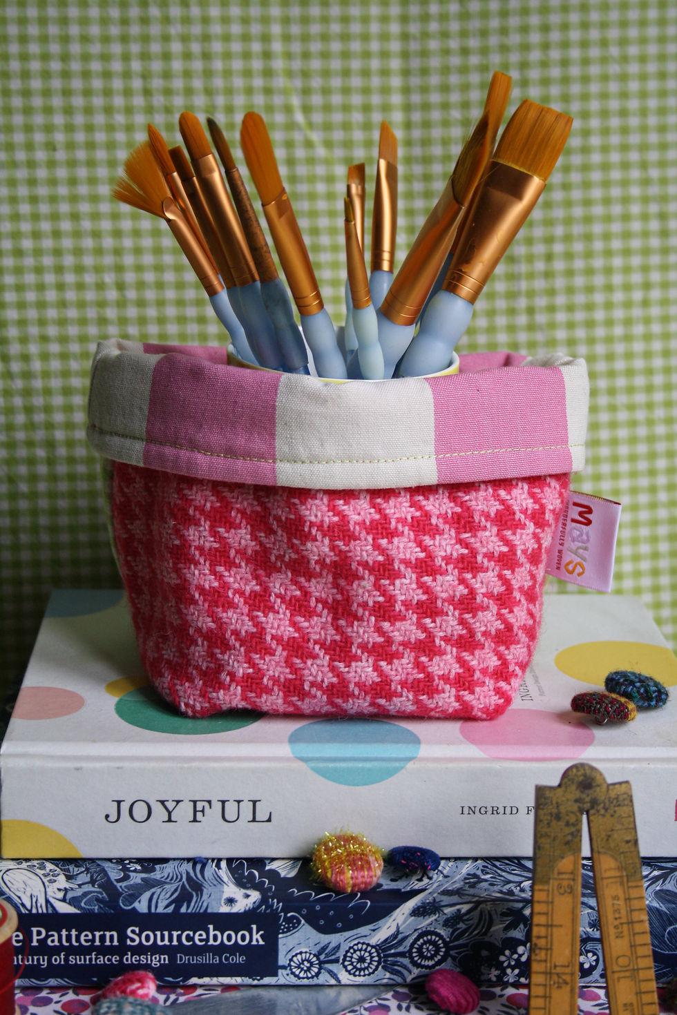 Thumbnail: Hand-woven Pink Herringbone Medium Basket
