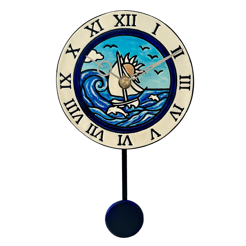 Bodrum yelkenli desenli el yapımı seramik duvar saati
