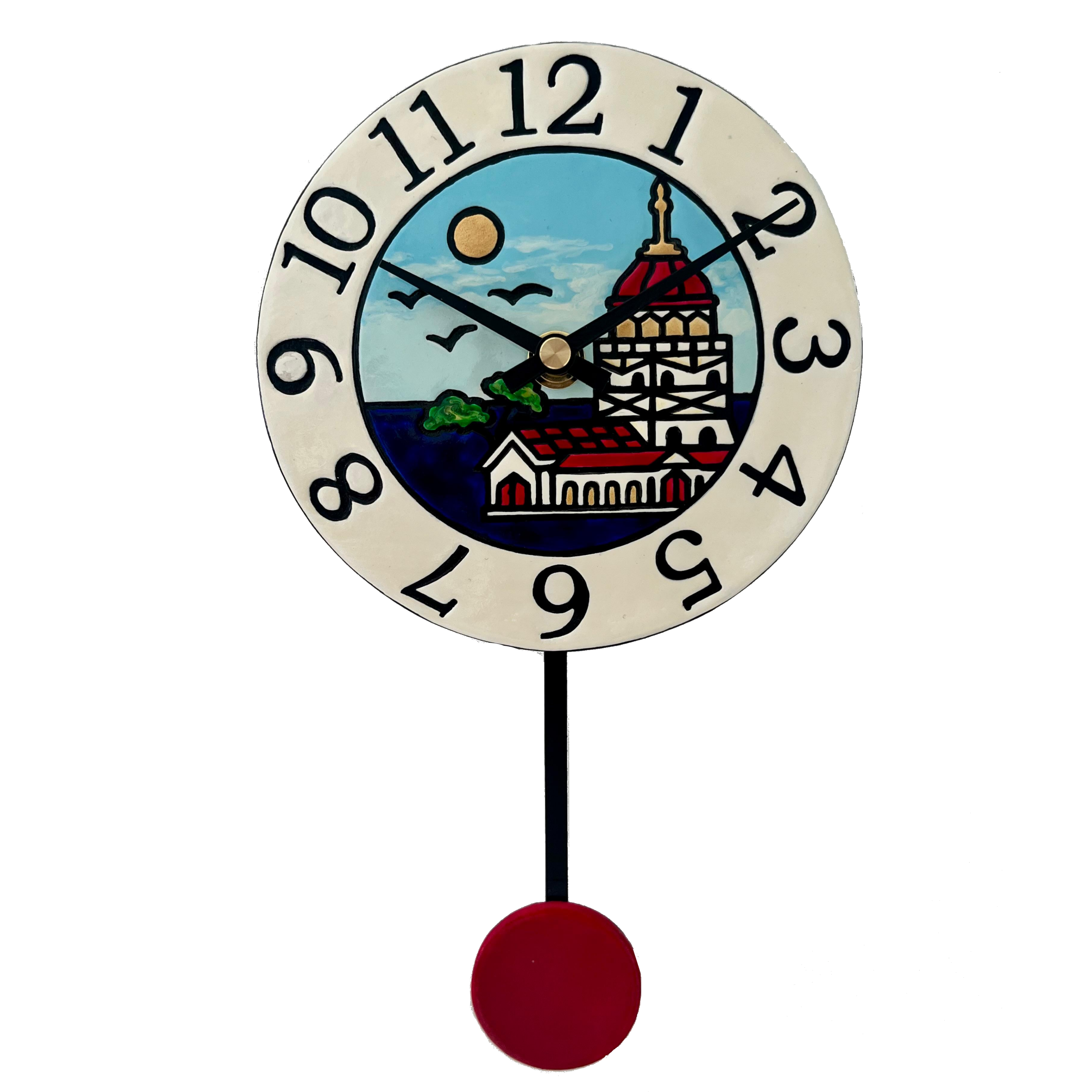 Kız Kulesi Gündüz temalı el yapımı seramik sarkaçlı duvar saati
