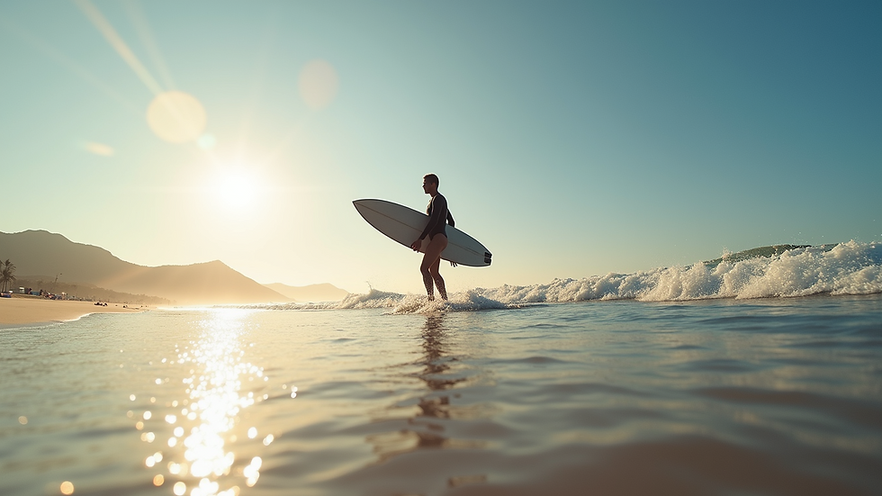 Eye-level view of a surfer participating in a beach clean-up event