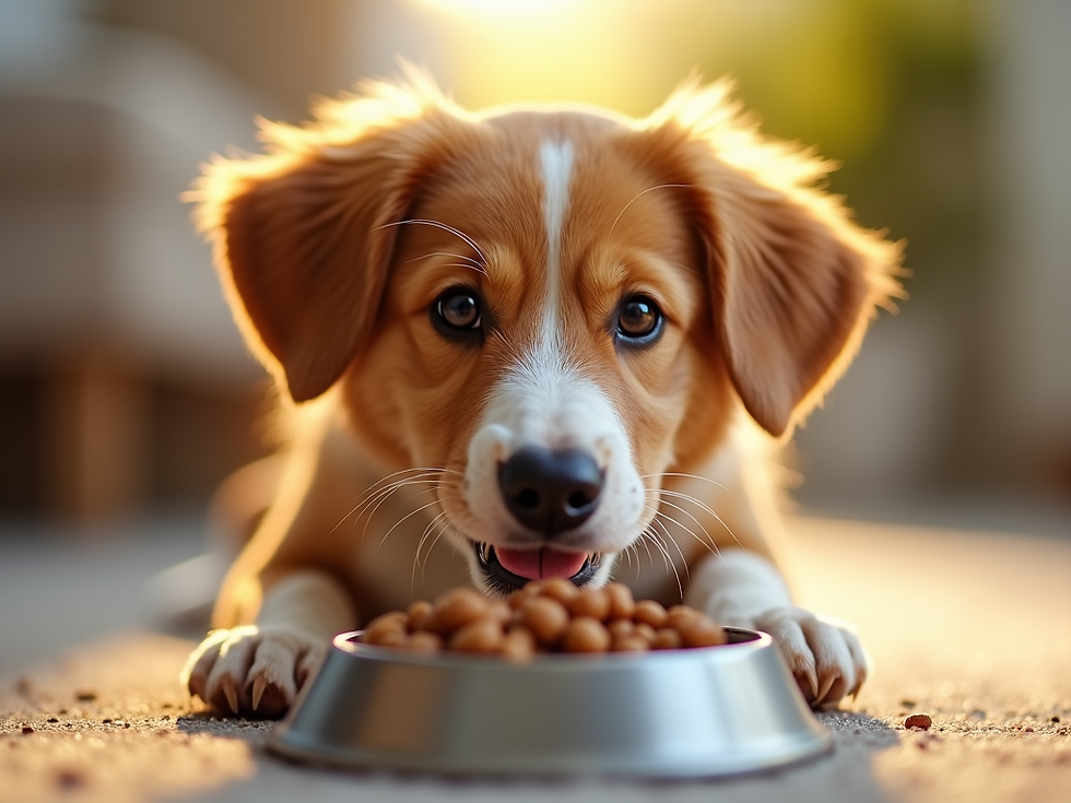 Close-up view of a bowl of balanced cat and dog food with fresh ingredients