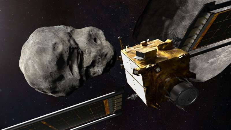 Spacecraft crashing into asteroid