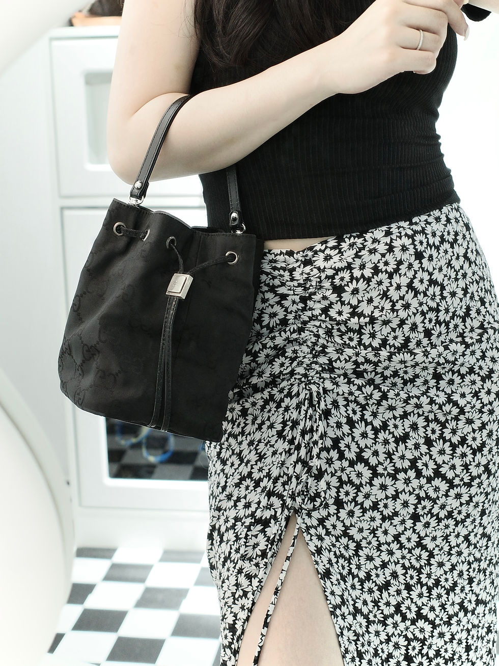 縮圖：Gucci - Black Monogram Silk Bucket Bag with Strap (Vintage from 1990s)