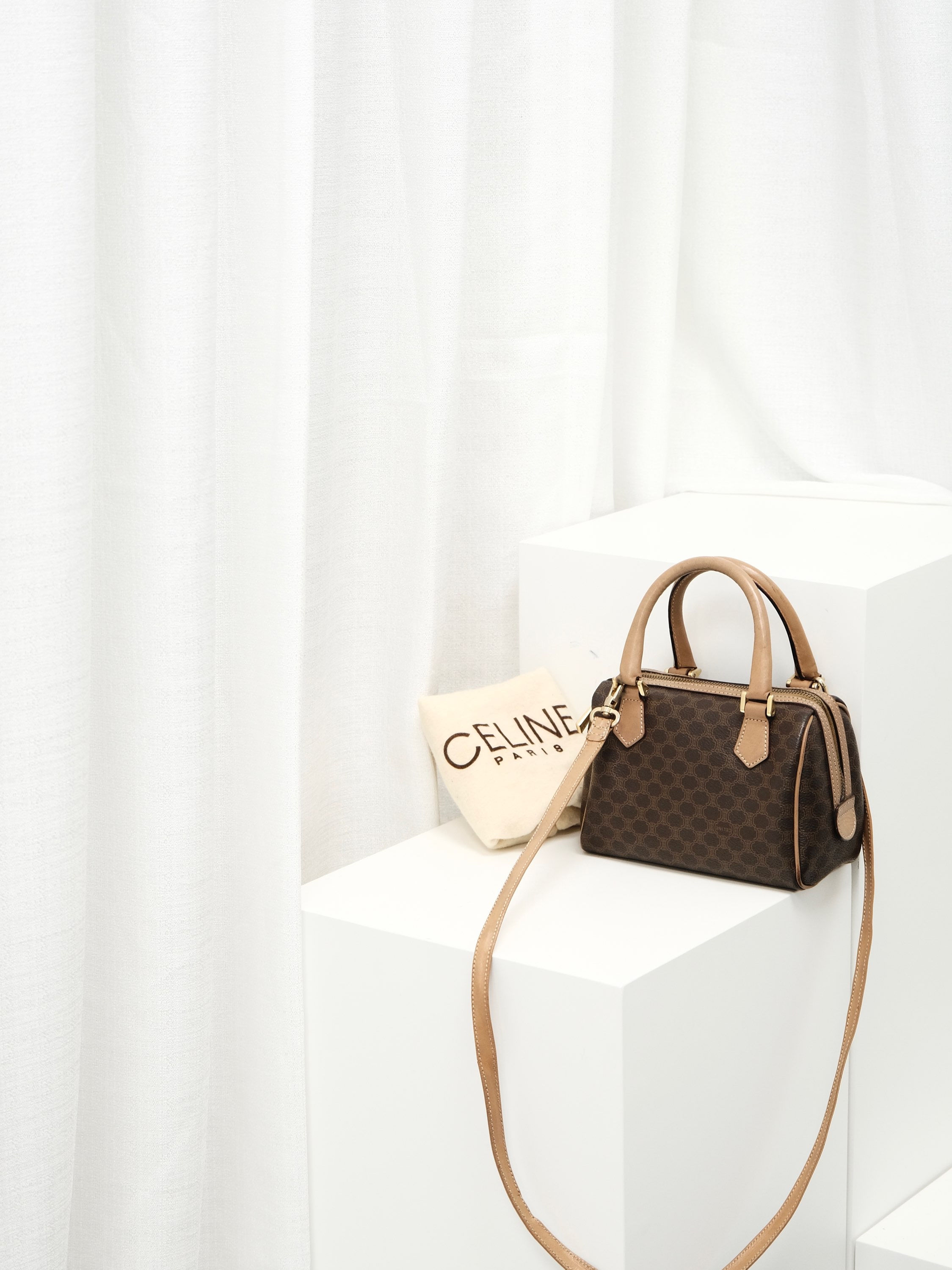 Celine - Brown Macadam 18cm Boston with Original Strap and Dust Bag (Vintage)