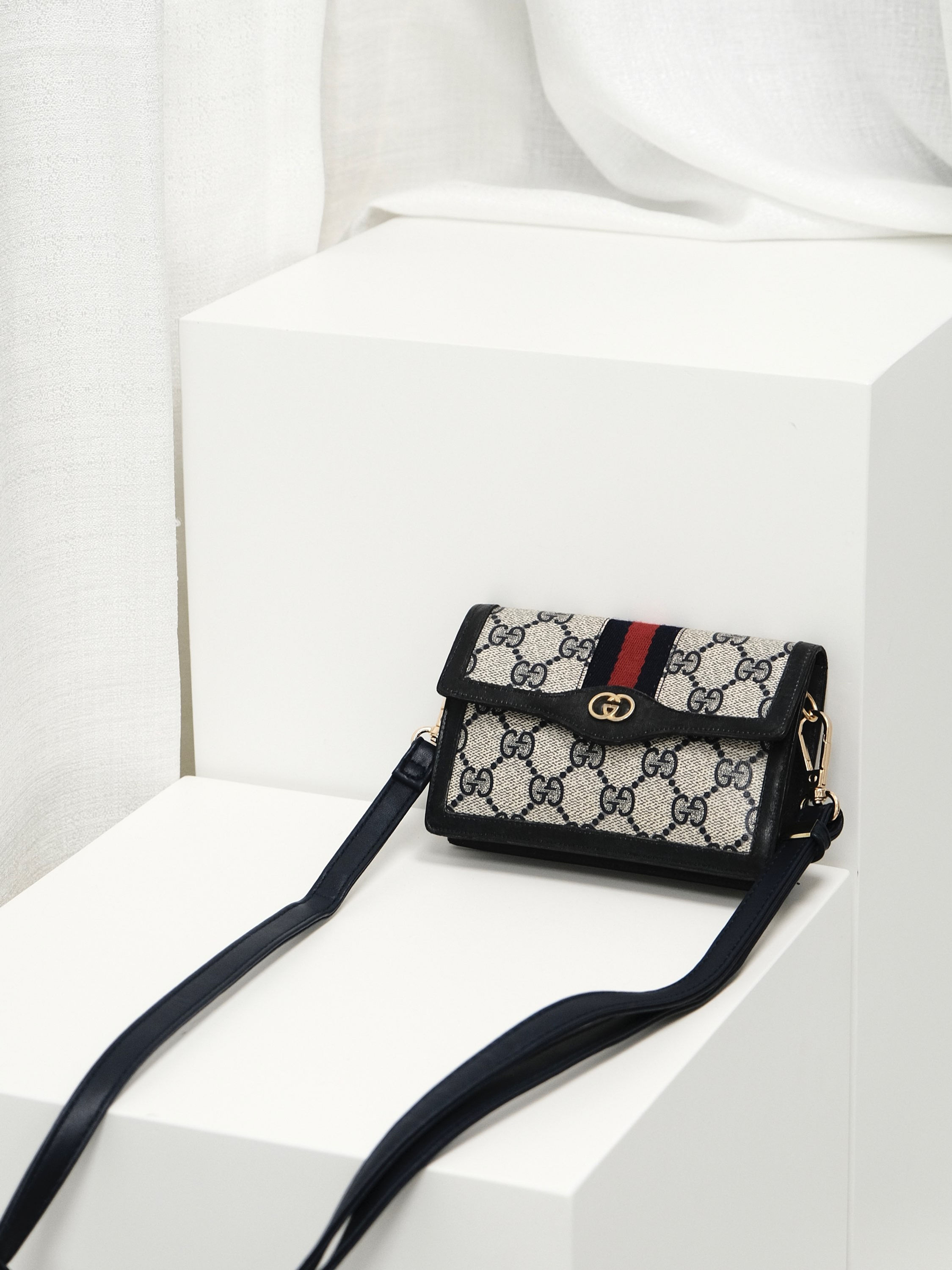 Gucci - Navy Monogram Micro Pouch with Strap (Vintage)