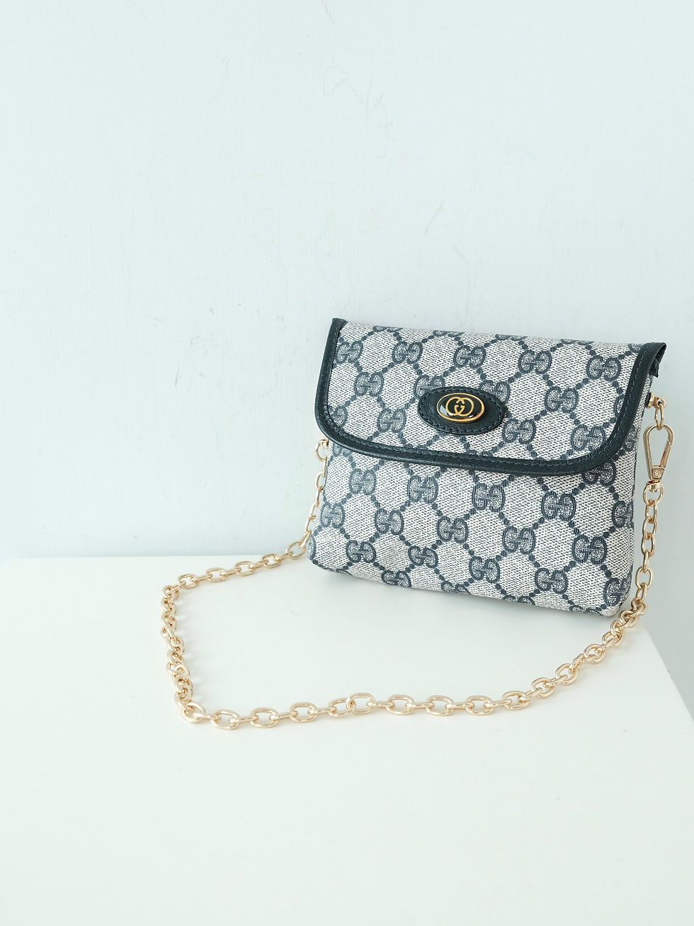 Gucci - Navy Monogram Mini Pouch with Strap (Vintage from 1970s)