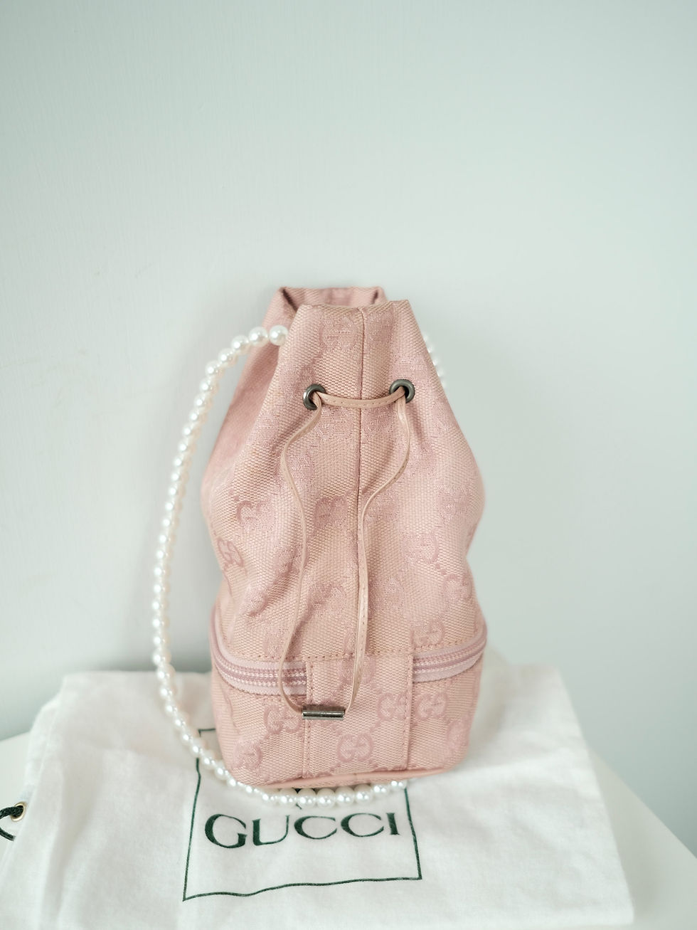 Thumbnail: Gucci - Pink GG Monogram Mini Bucket with Strap and Original Dust Bag (Vintage)