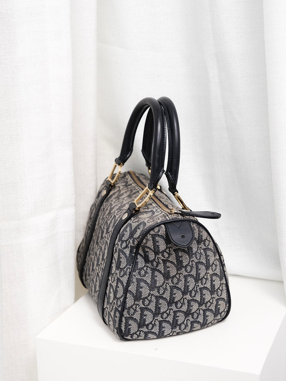 Thumbnail: Dior - 25cm Oblique Boston in Blue and Gold with Strap (Vintage)