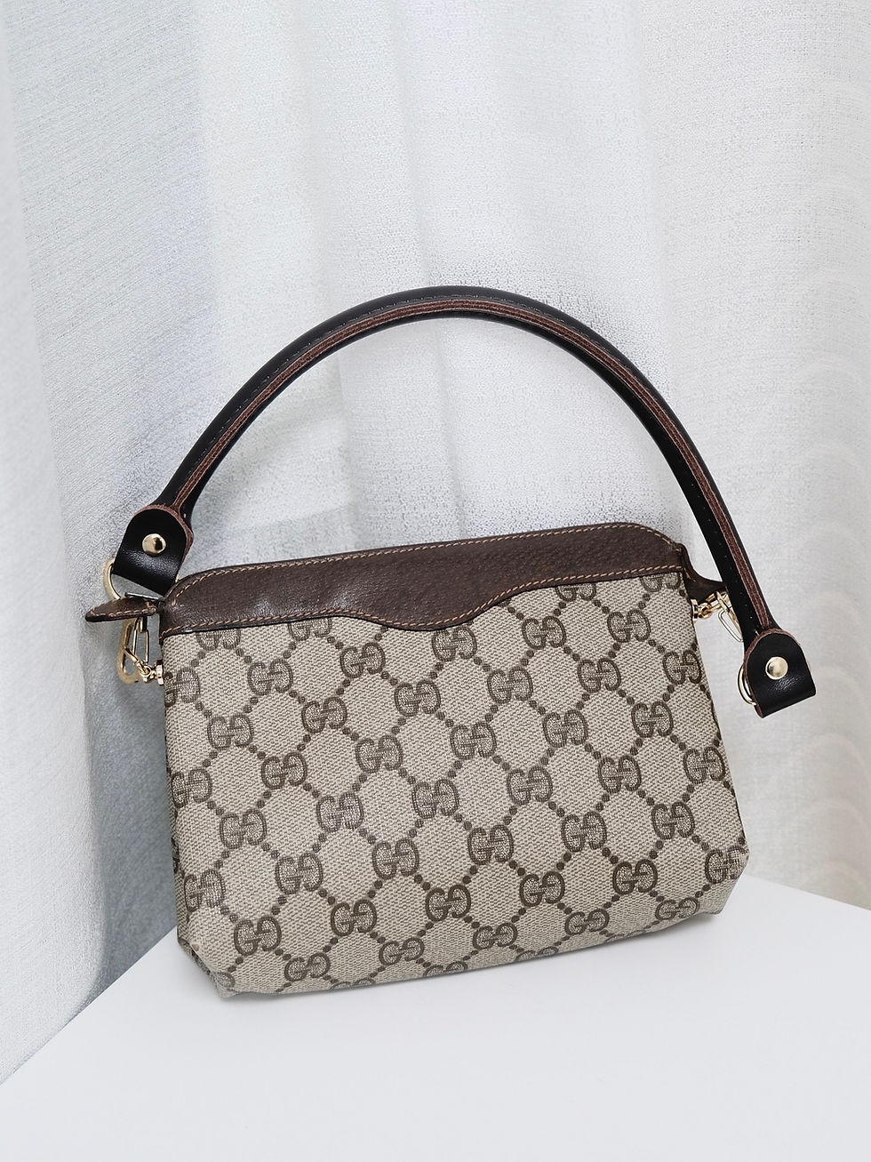 Thumbnail: Gucci - Brown GG Monogram Pouch with Strap and Chain (Vintage from 1970s)