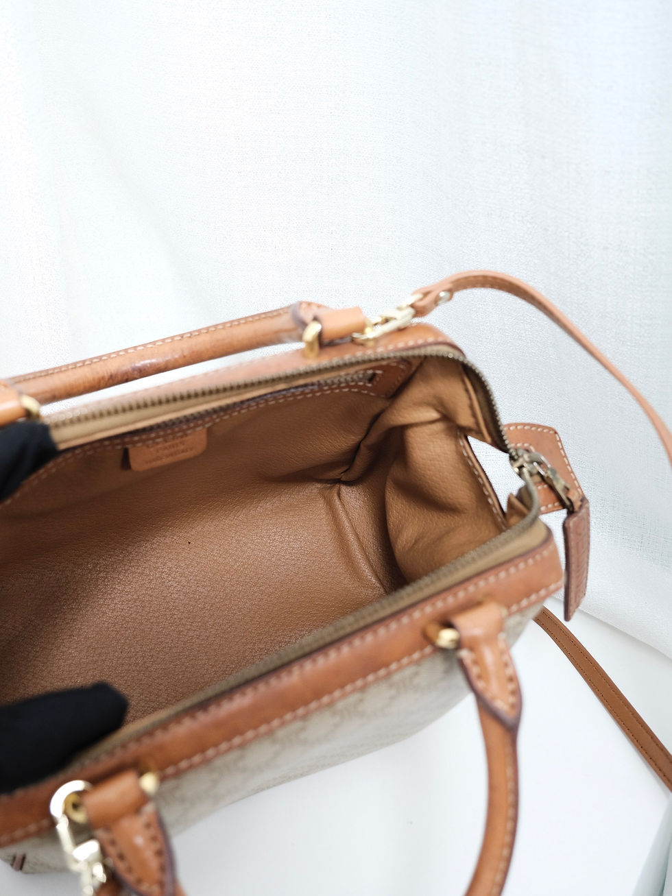 Thumbnail: Celine - Beige PVC Macadam Mini Boston with Strap (Vintage)