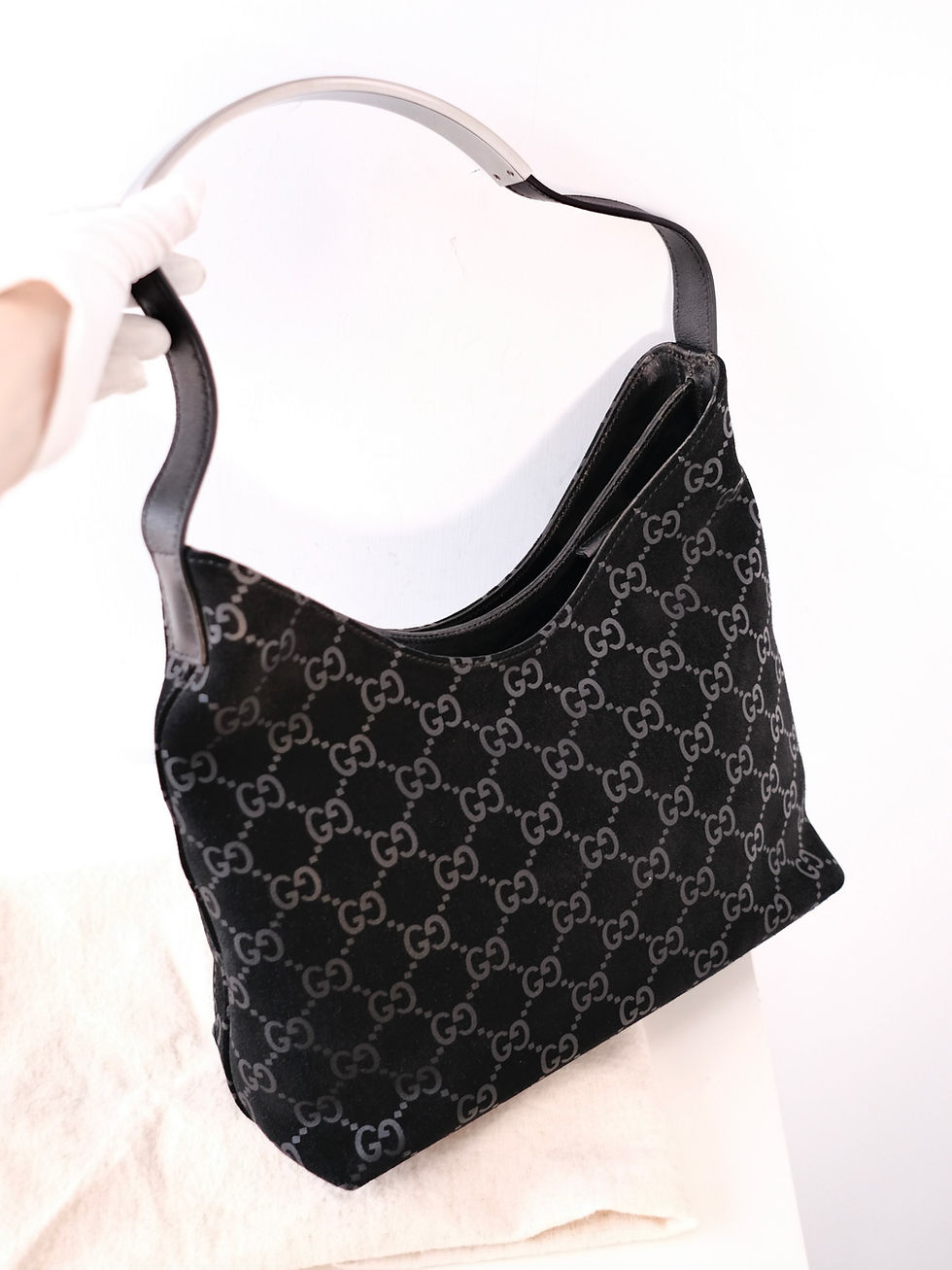 Thumbnail: Gucci - Black Monogram Suede Tote with Dust Bag and Cards (Vintage from 1990s)
