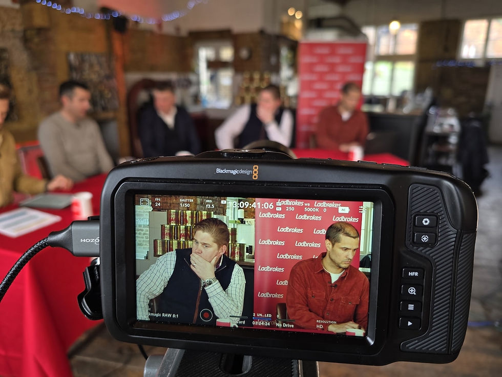 Camera filming a podcast with a man looking like he's thinking deeply about video content