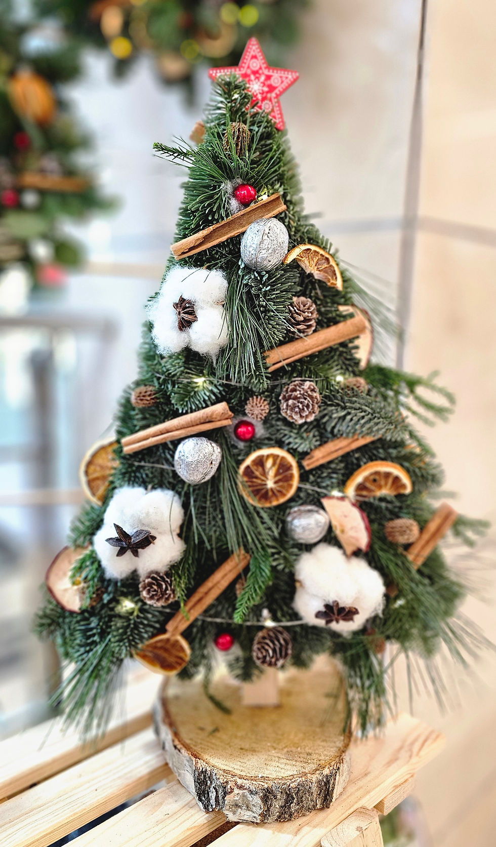 Miniatură: Brad de Craciun cu portocale uscate, scortisoara si conuri-Brad natural argintiu de Craciun personalizat la comanda