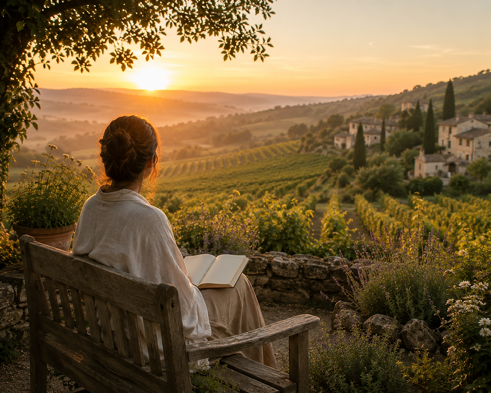 A woman sits quietly on a rustic bench overlooking French vineyards at sunrise, reflecting on life, self-trust and independent thought.