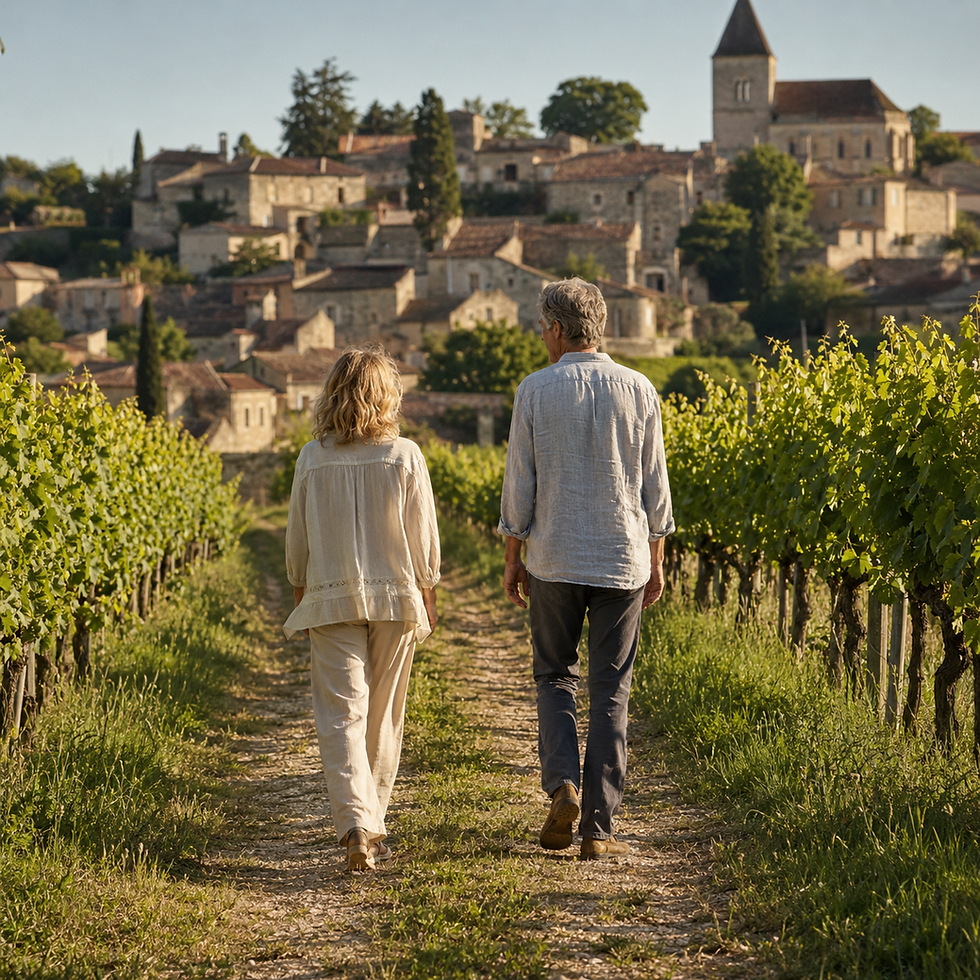 A man and woman walk side by side through sunlit French vineyards towards a distant stone village, symbolising falling in love again after heartbreak.