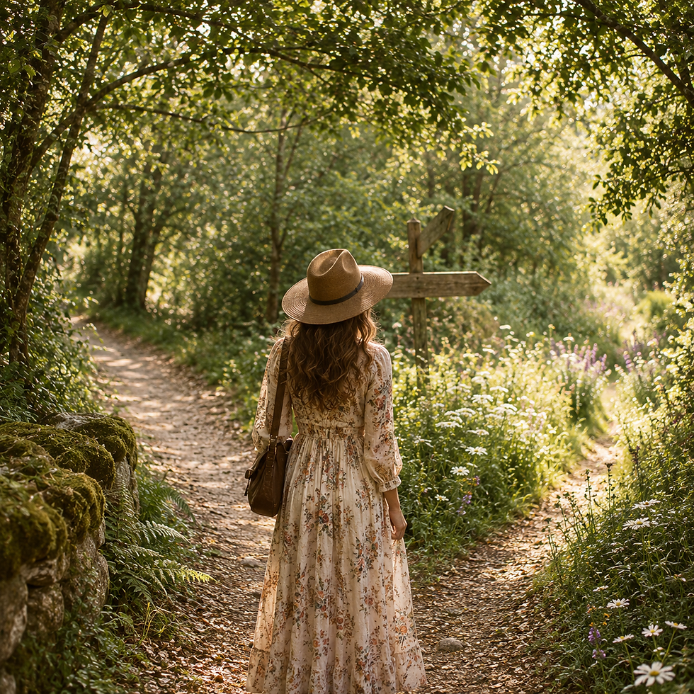 A woman stands at a fork in a peaceful forest path, symbolising learning to think for yourself and choosing your own direction in life.