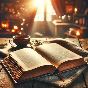 DALL·E 2024-02-28 19.21.39 - An open book on a wooden table with a cozy, warm atmosphere i