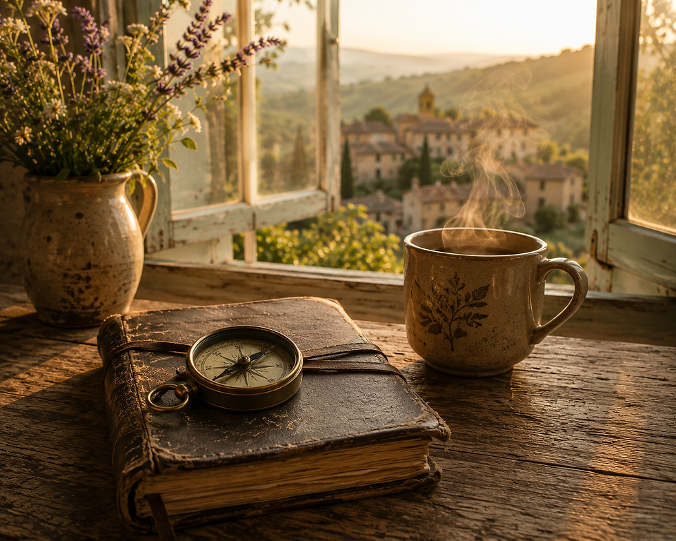 A vintage compass rests on a weathered journal beside a mug of tea by an open window, symbolising finding your inner direction and trusting yourself.