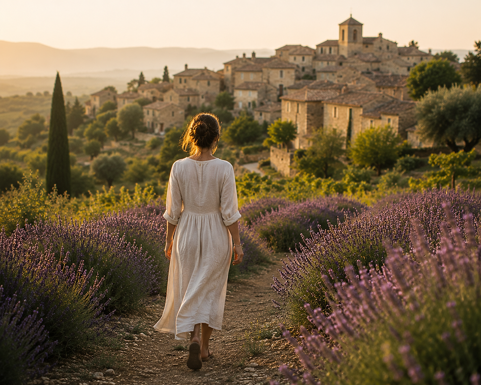 A woman walks confidently through lavender fields towards a distant French village, symbolising self-trust, independence and choosing her own future.