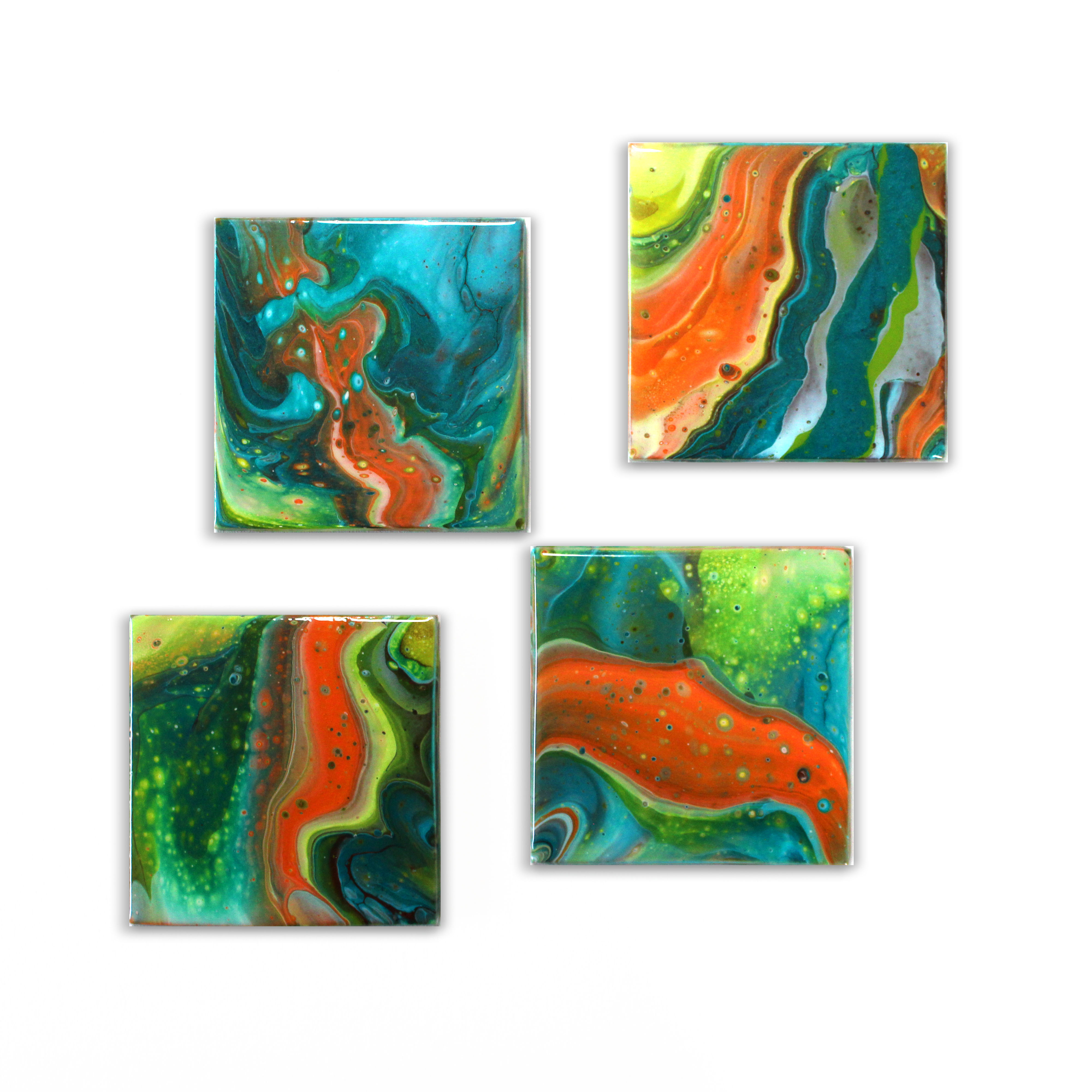 Mid-Century Design, Fluid Art Resin Ceramic Coasters, Set of 4