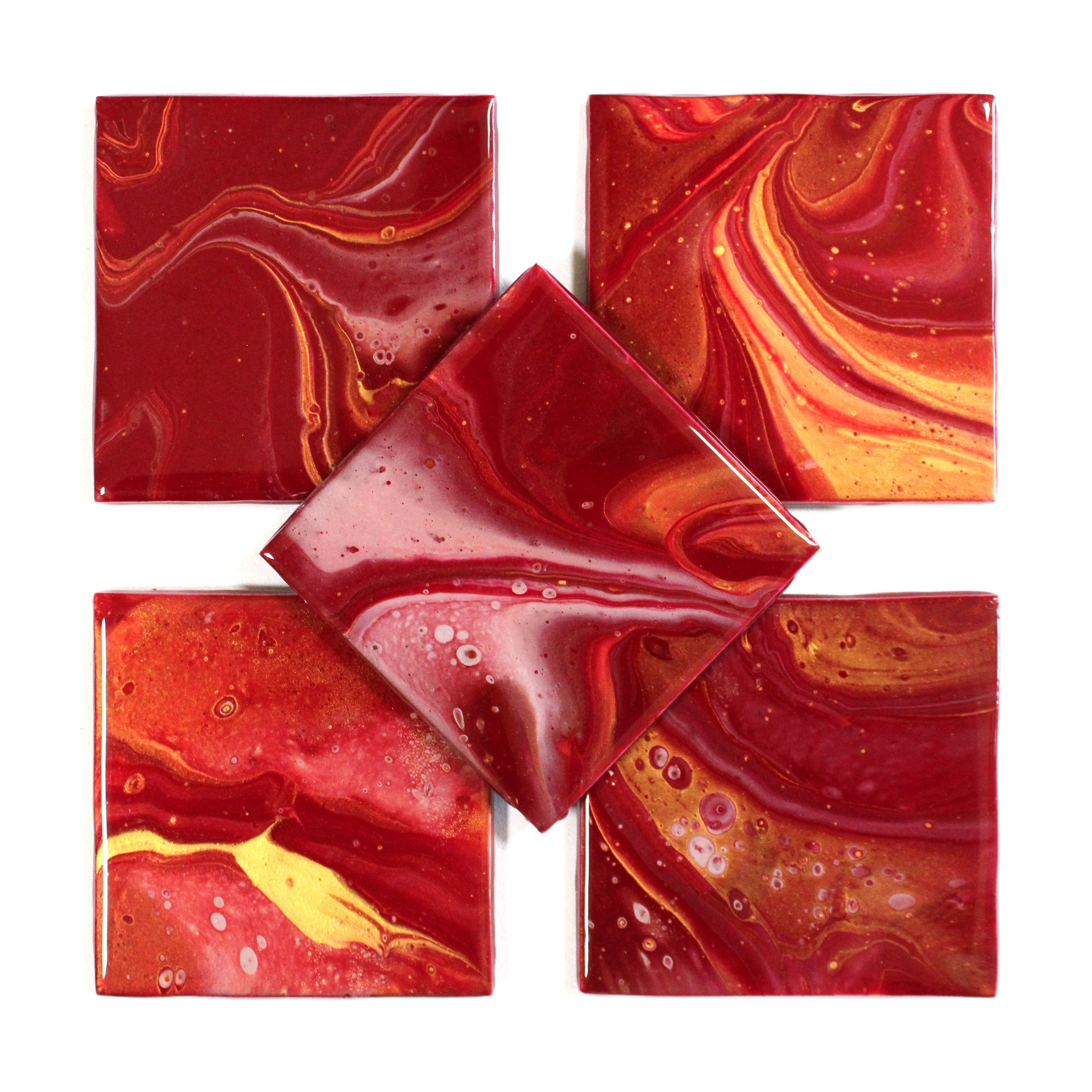 Golden Flames, Fluid Art Resin Ceramic Coasters, Set of 5