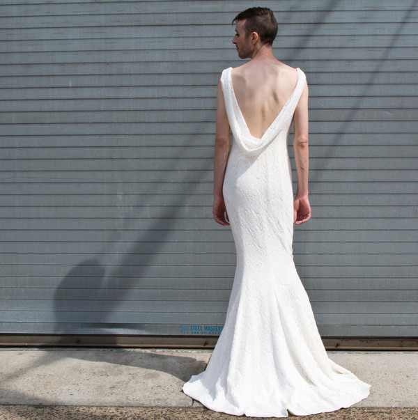 the cotton bride, wedding dress, bridal gown, simple, natural, cool, light, airy, vintage, destination, custom, plus-size, lace, sleeves, cowl back, straps, slim, fitted