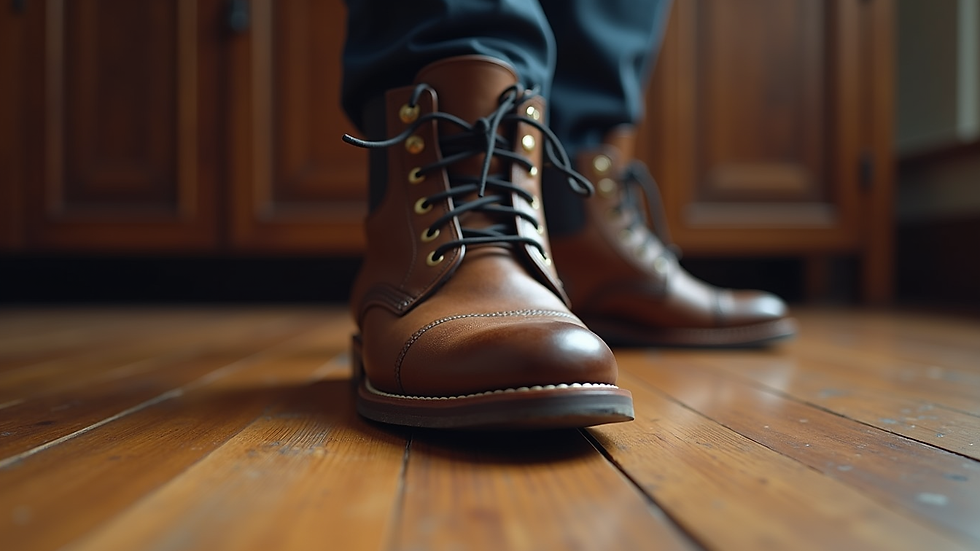 Close-up view of a classic leather boot on a wooden floor