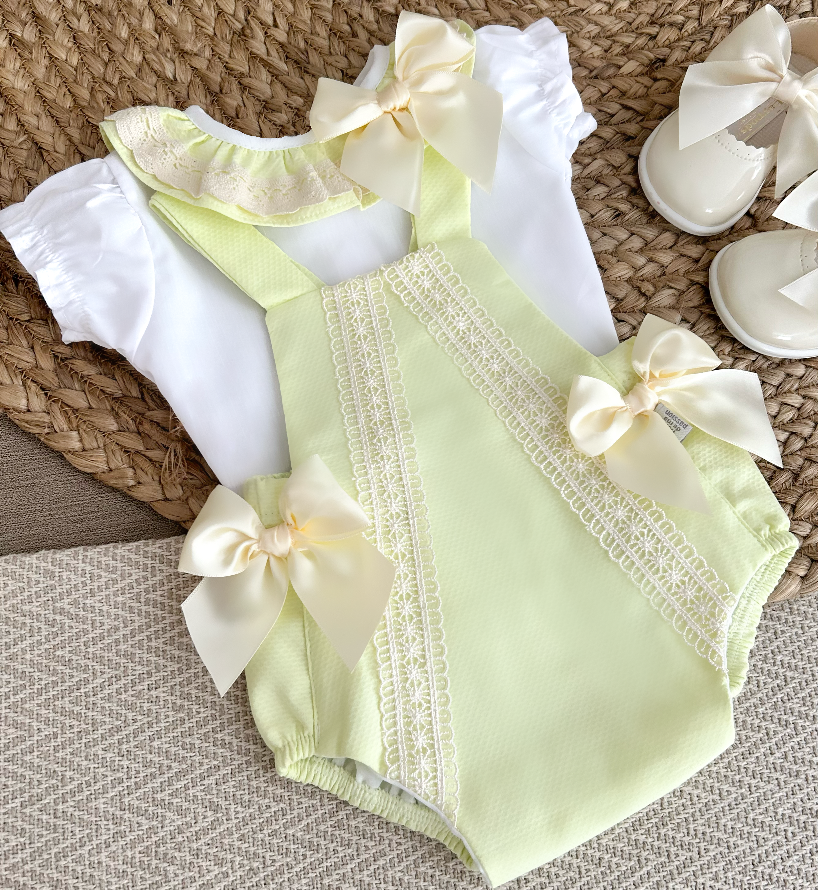 Girls Lace and Bow Romper and Blouse -   Lemon