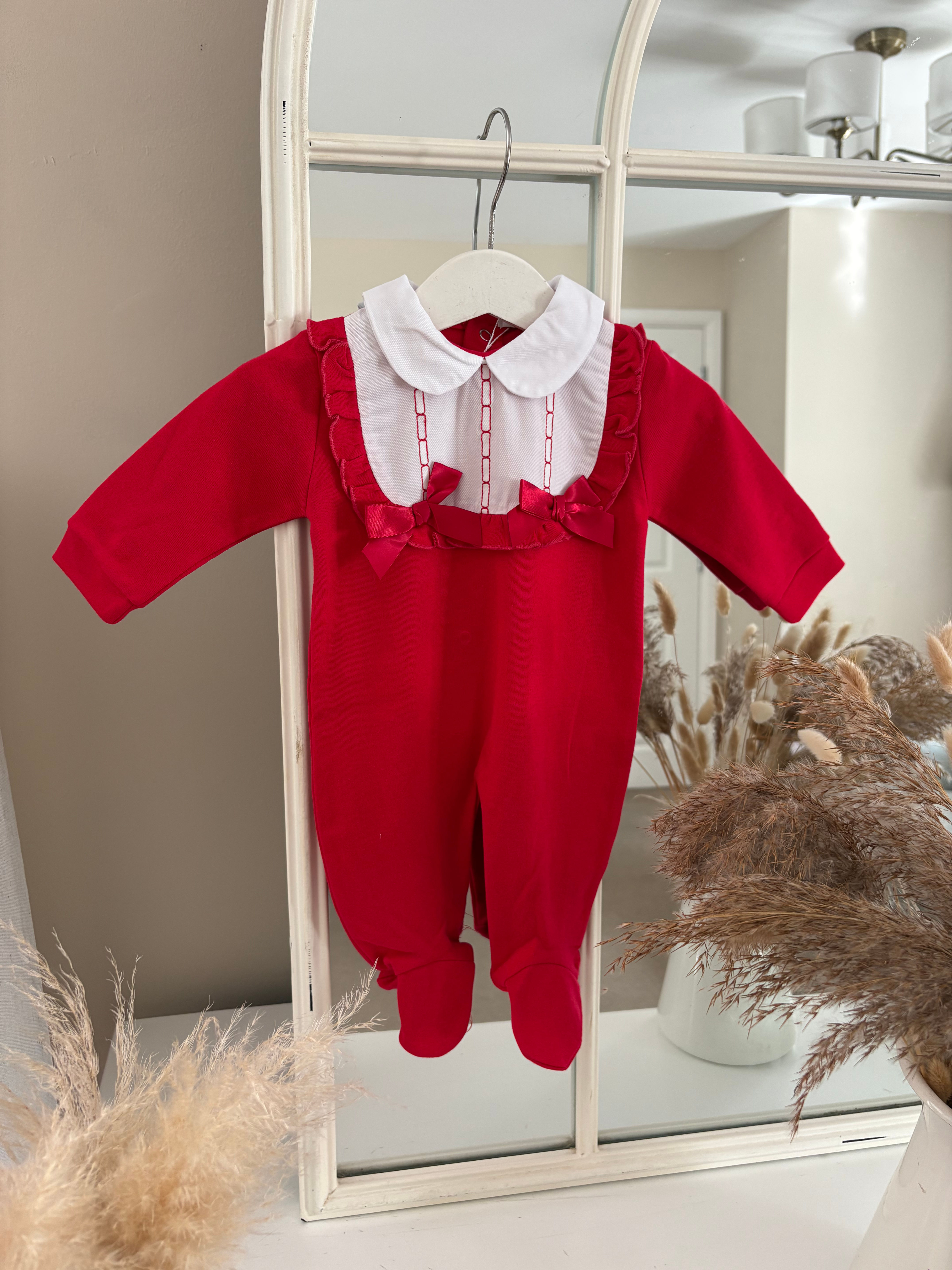 Baby Girl Frill Bow Bib Babygrow - Red