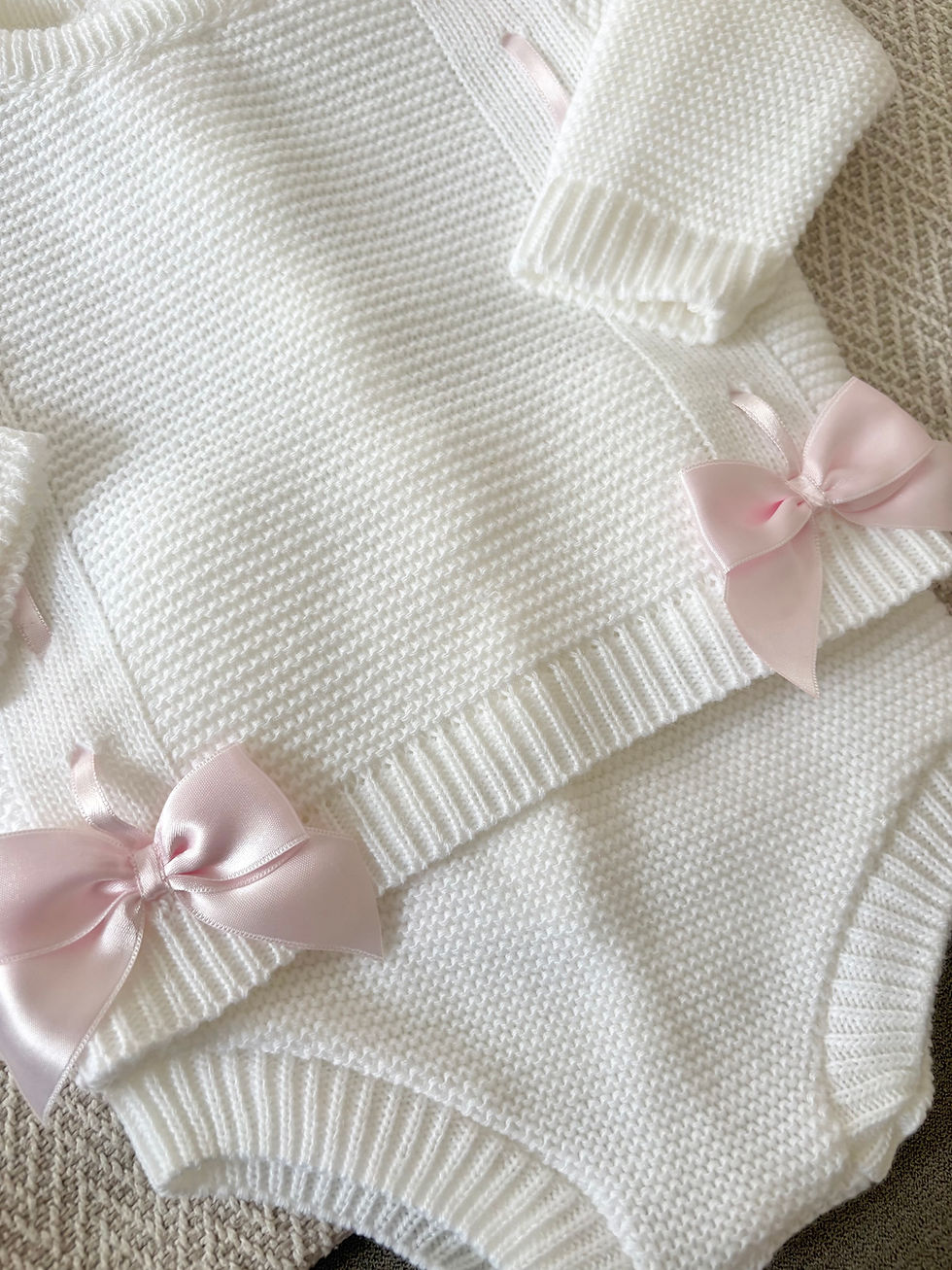 Thumbnail: Girls Ribbon jam pant Sets with Bonnet - White and Pink