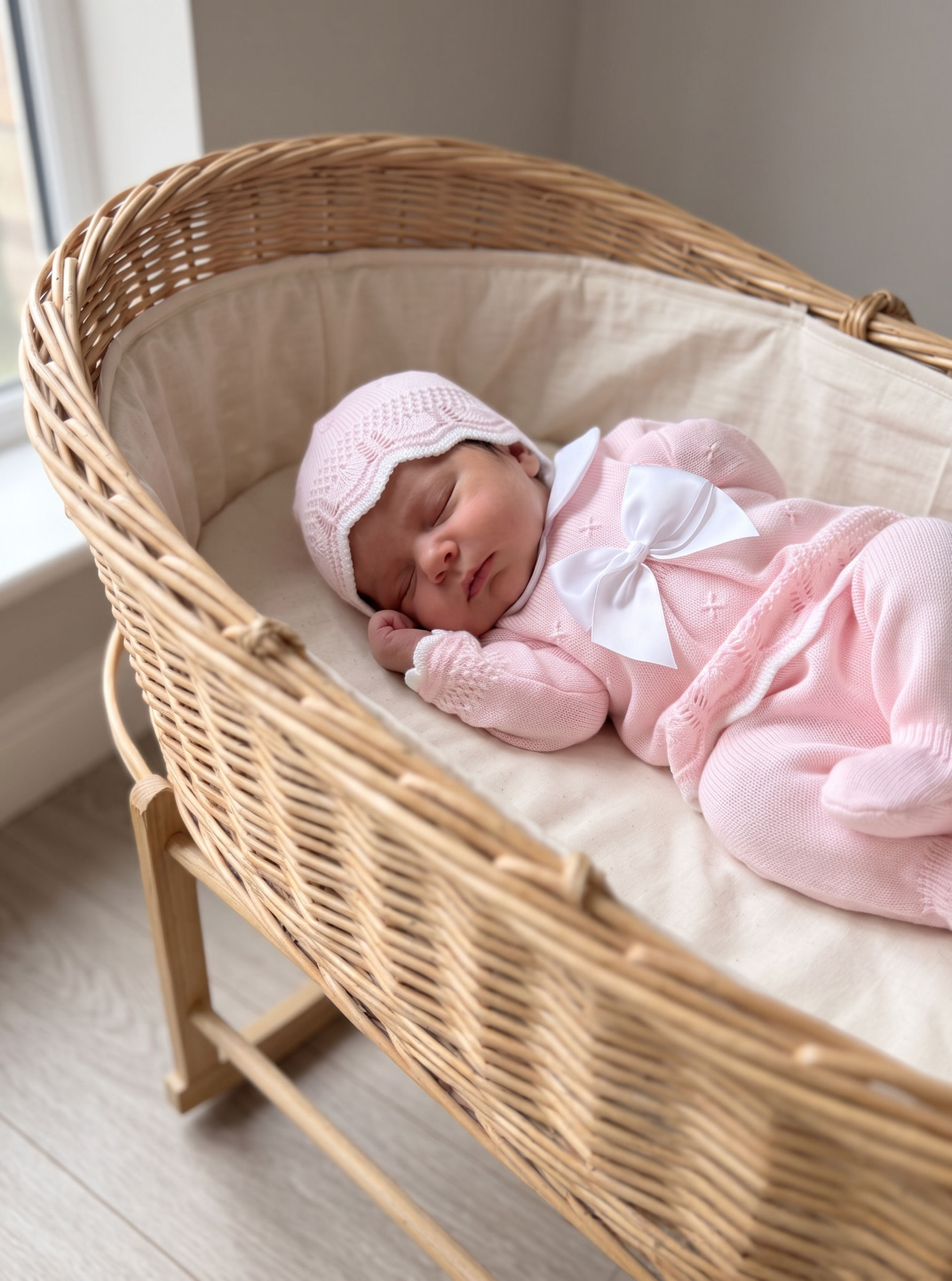 Baby Girl  scallop frill Bow knit 3 piece Set - Pink 