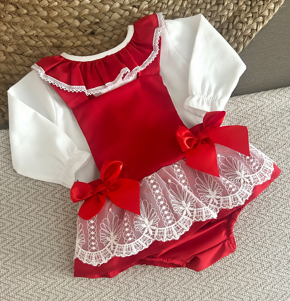 Miniatura: Girls Red and Lace Blouse and Pinifore Dress.