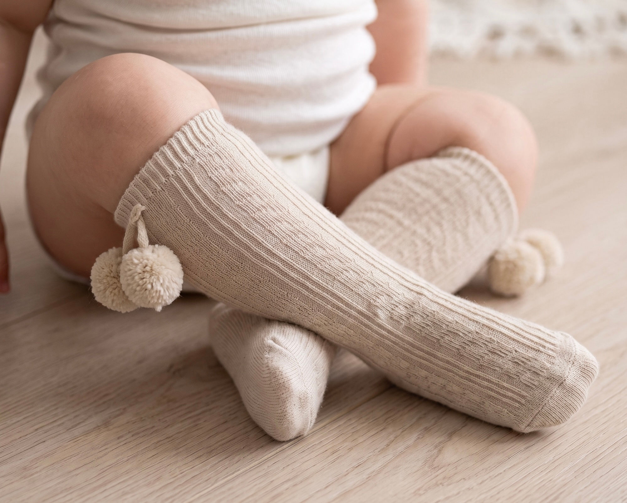 Beige knee Pom Pom socks 