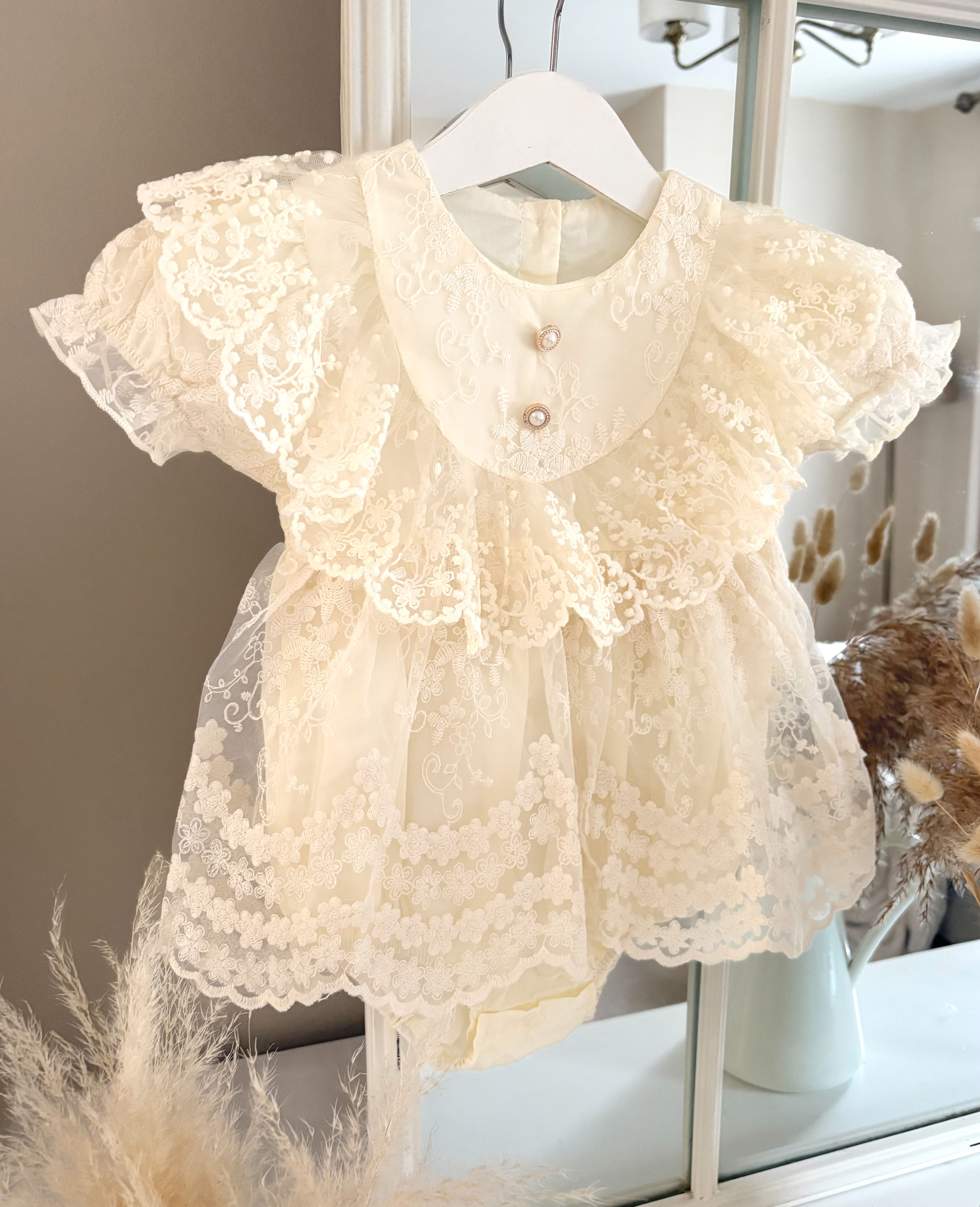 Girls Cream Lace Short sleeve occasional Button Romper/ Dress