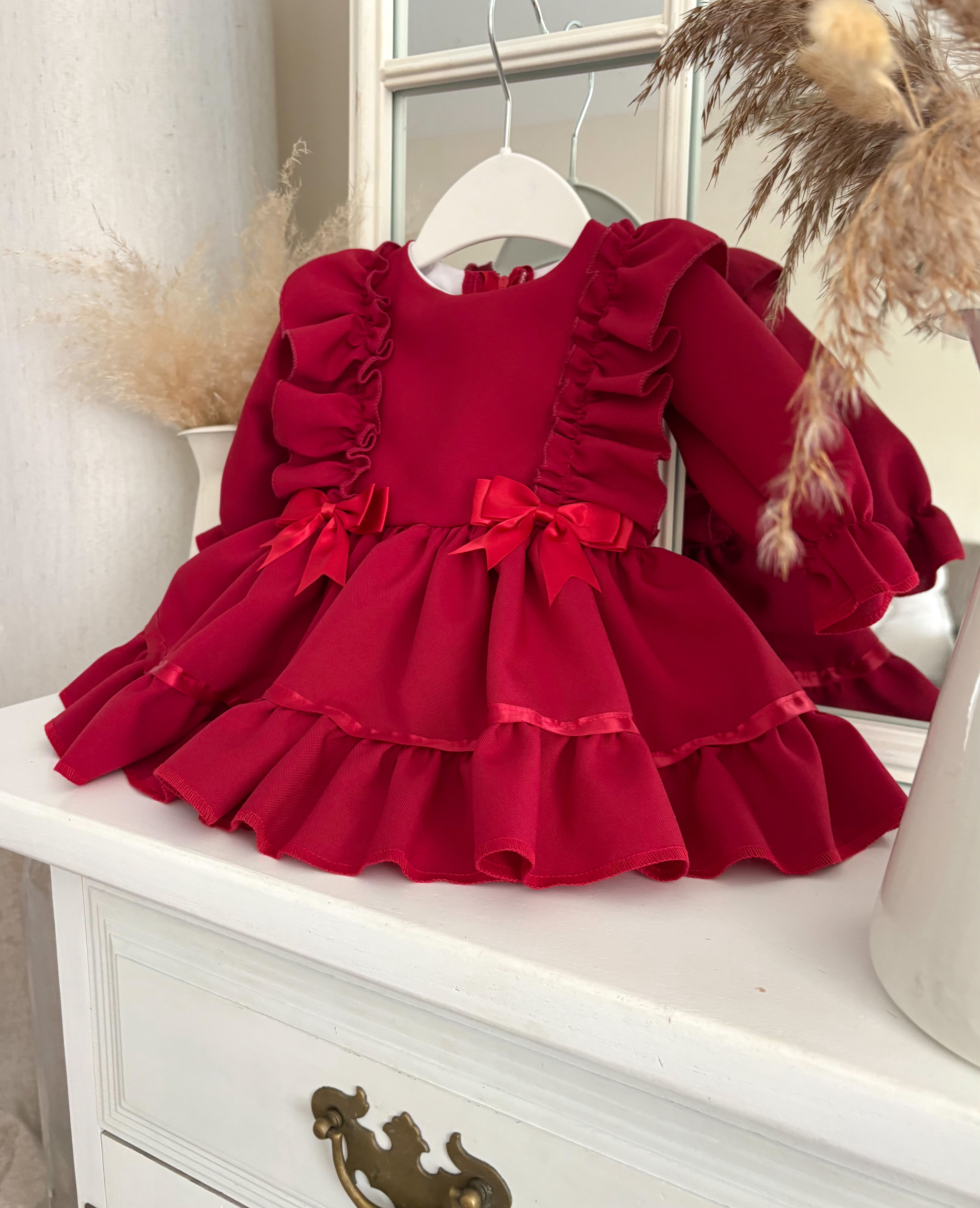 Girls Mariella Red Ruffle Double Bow Dress