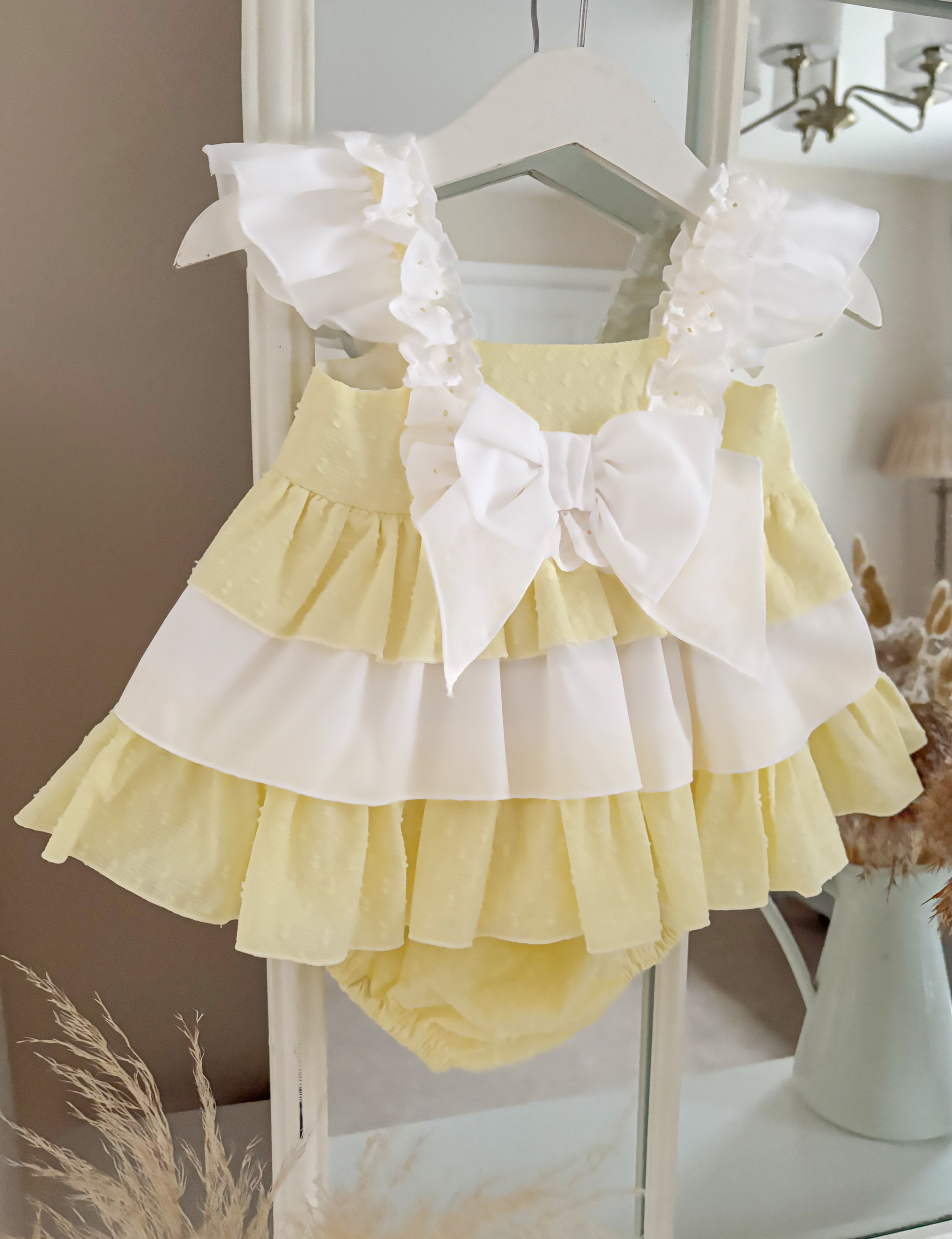 Girls Lemon  Frill and White Bow  Dress and Panties 