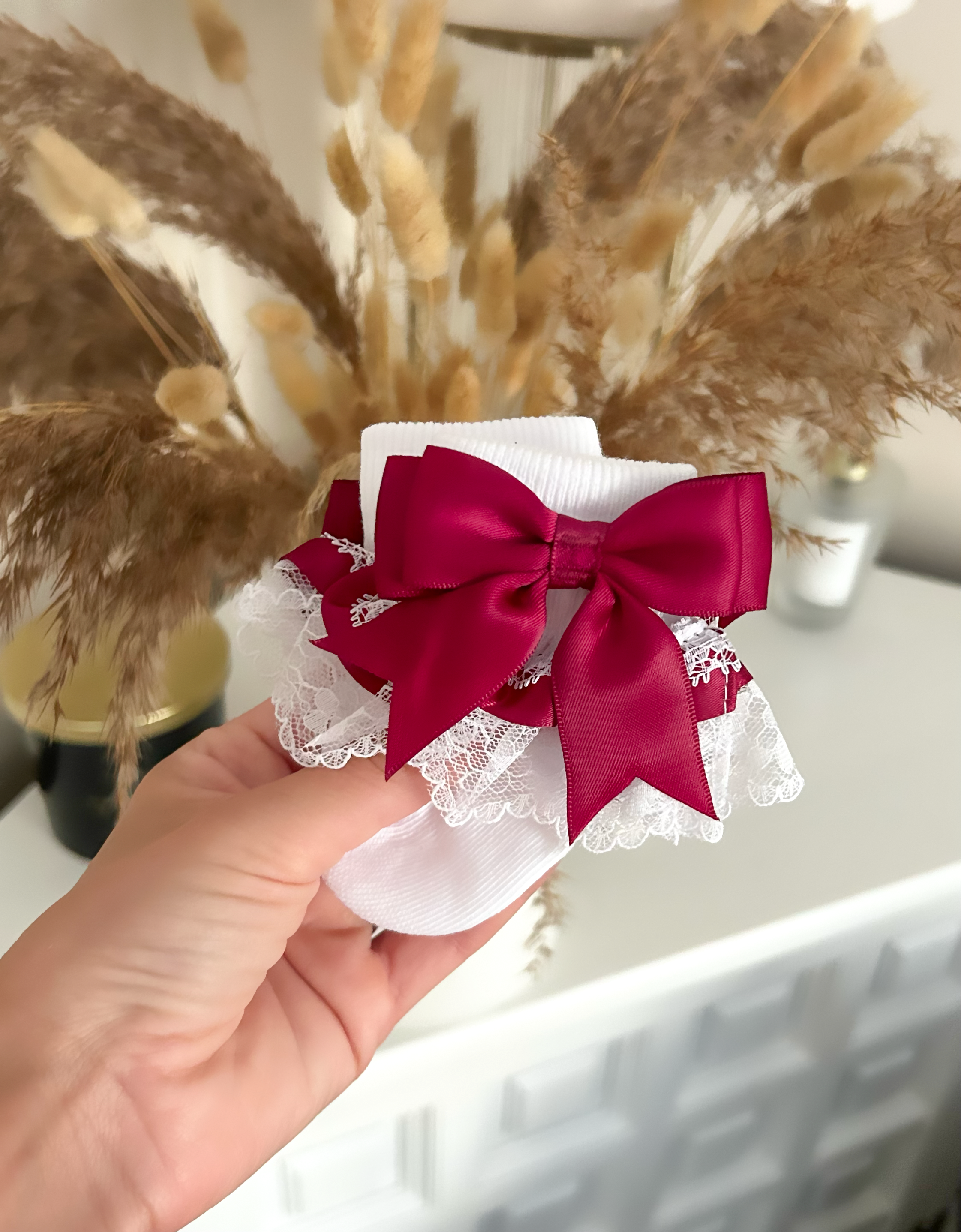 Maroon Bow Frilly Socks