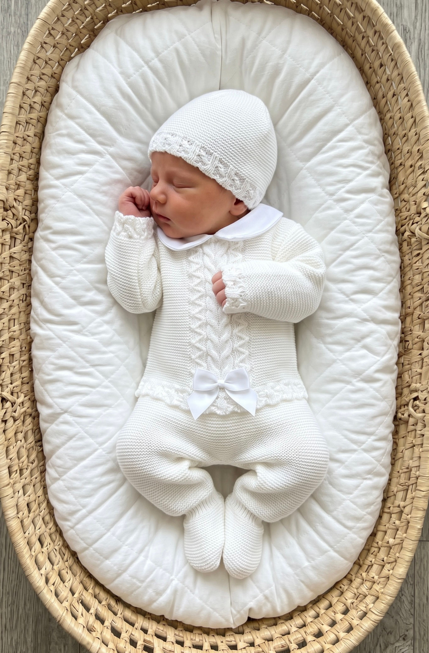 Unisex Cable and Bow Spanish Knitted Baby Set with Hat - White