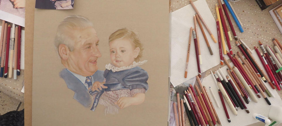 Realistic drawing of a grandfather with granddaughter by Sonja Van Waeyenbergh